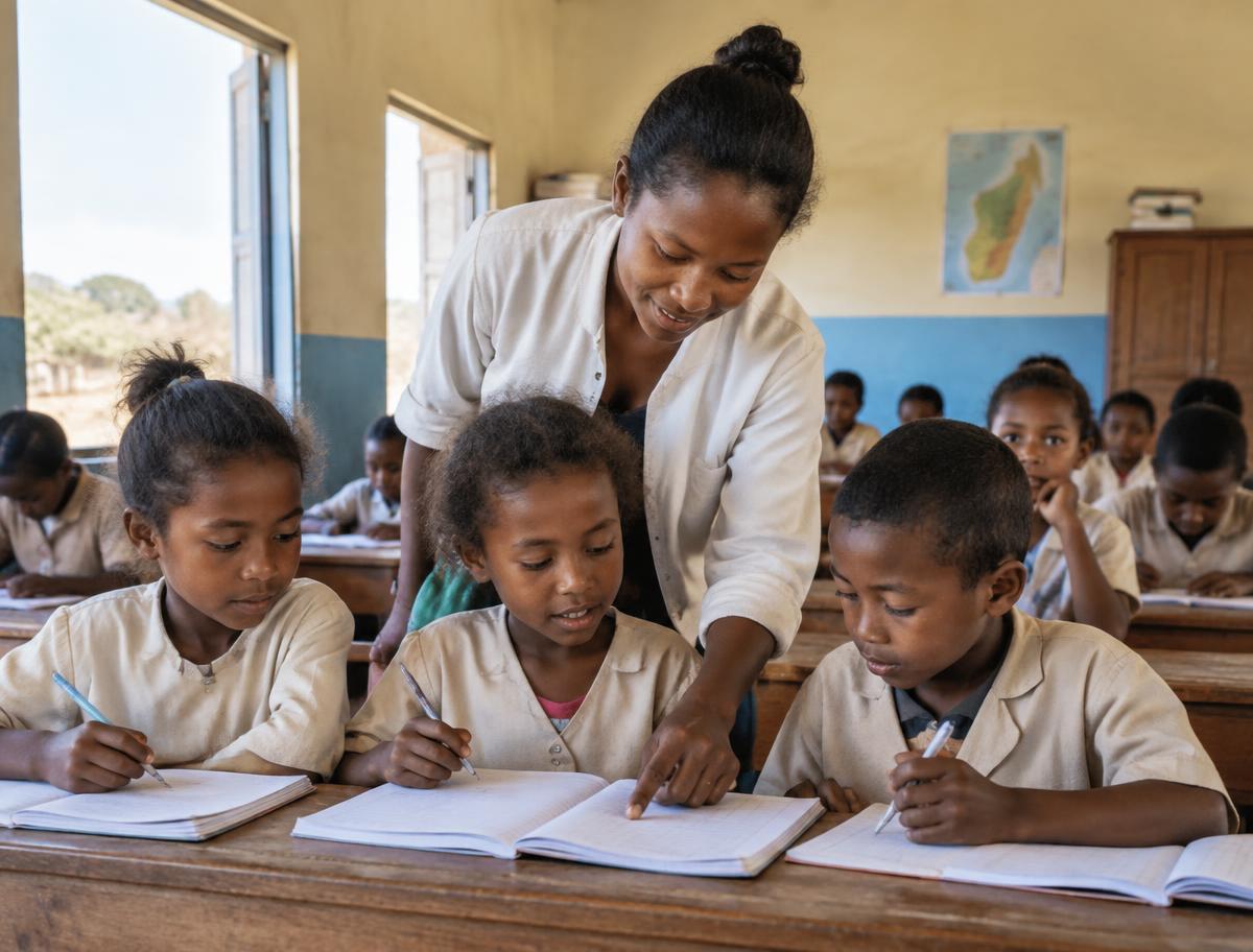 Une enseignante accompagne trois élèves